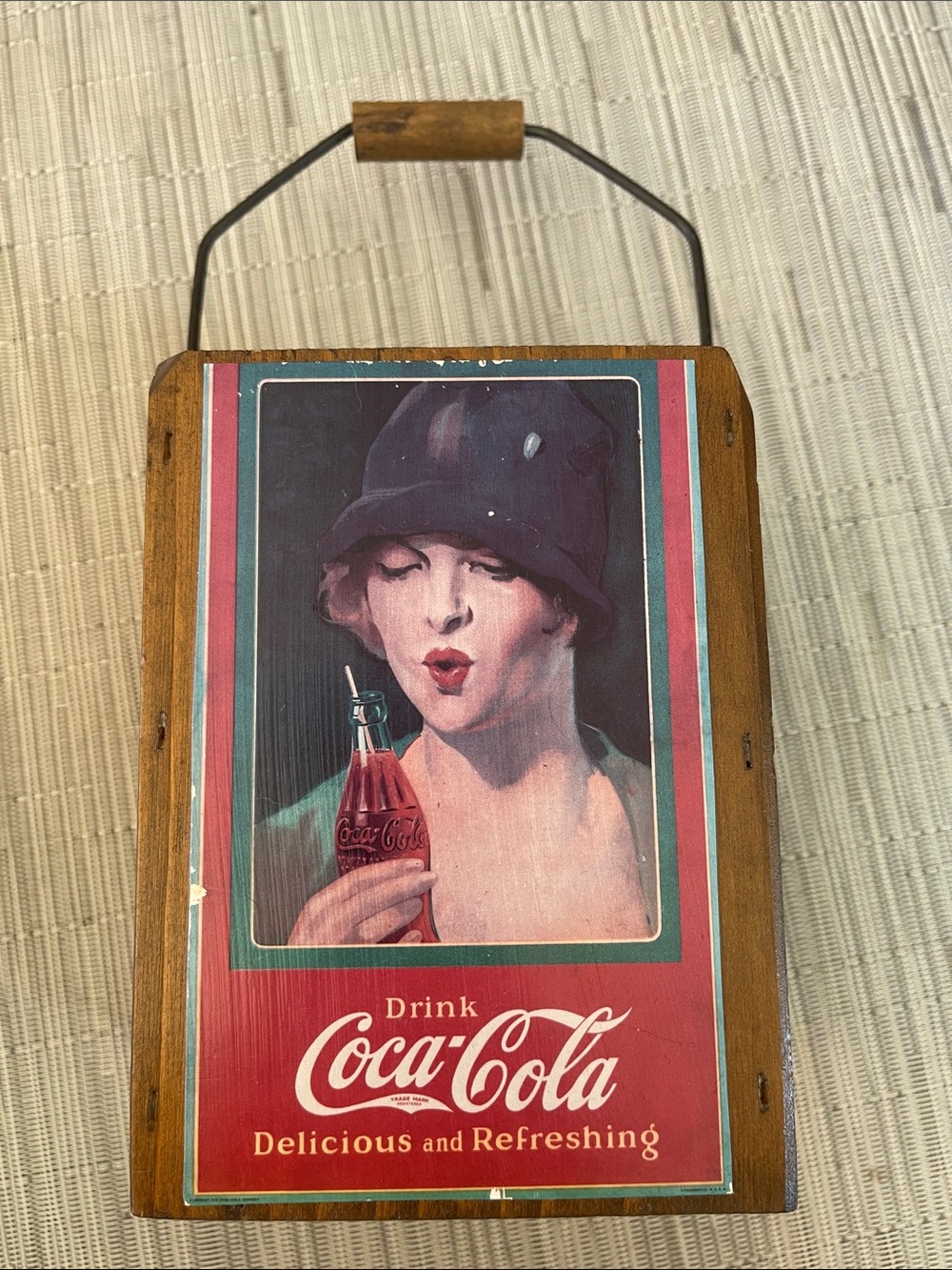Coca-Cola Red and Green Retro Woman Advertising Wooden Box with a handle 6x4x3.5